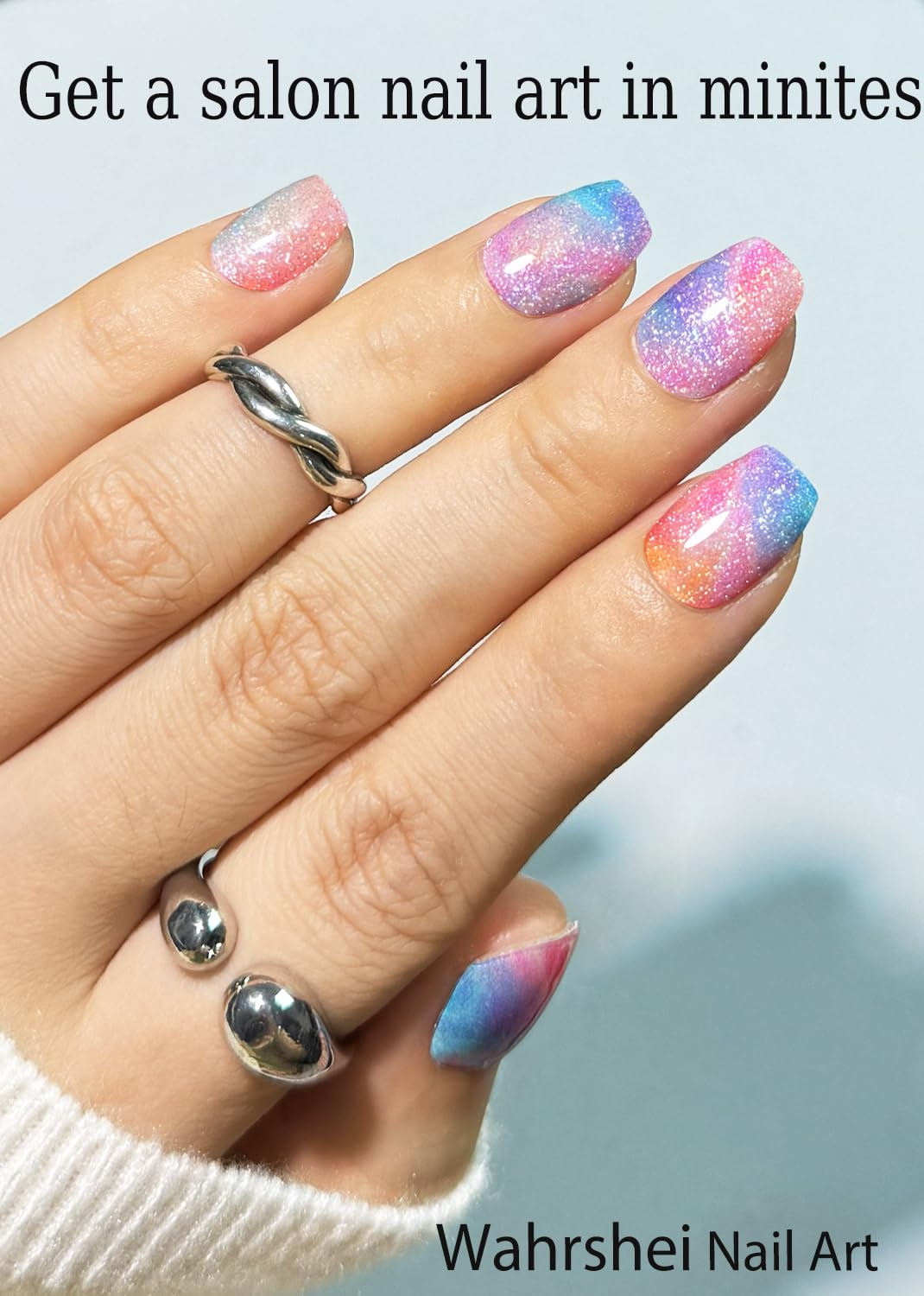 Spring Semi Cured Gel Nail Strips, Spring Rainbow, Colorful Cat Eye 20pcs Adhesive UV Sticker, Wraps for Home Manicure DIY
