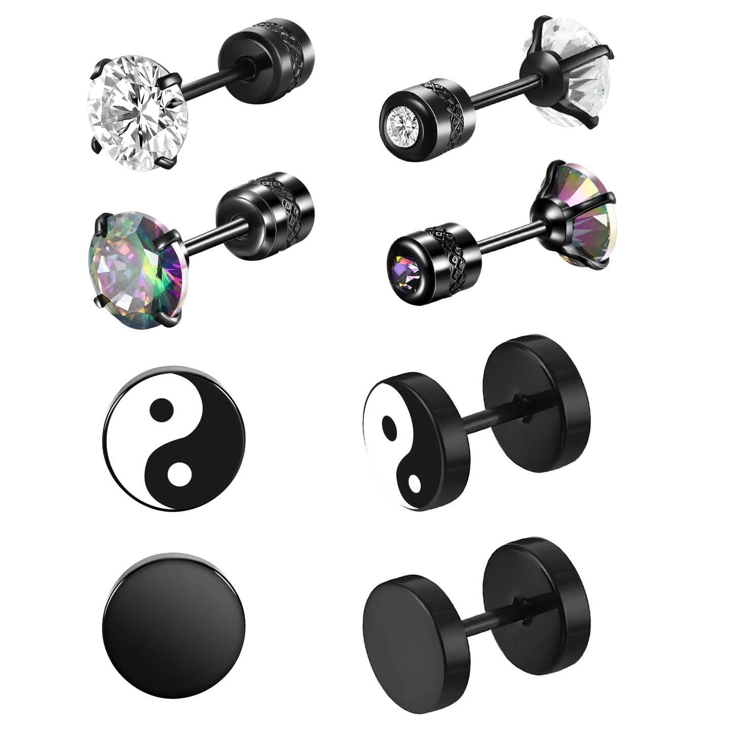 SIISPRI 4 Pairs Black Earrings for Men, Titanium Screw Back Surgical Stainless Steel Stud Earrings Rainbow 5A Cubic Zirconia Hypoallergenic Aritos Para Hombre Studs Jewelry Set for Men Women (Flat Back Stud Earrings-A)