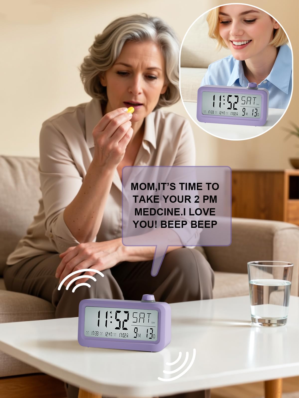 Bovintex Medication Pill Reminder, Rechargeable Talking Alarm Clock with 3 Custom Voice Recording Alarms, Touch-to-Talk, a Digital Alarm Clocks Gift for Mom/Dad/Seniors/Elderly(Pruple)