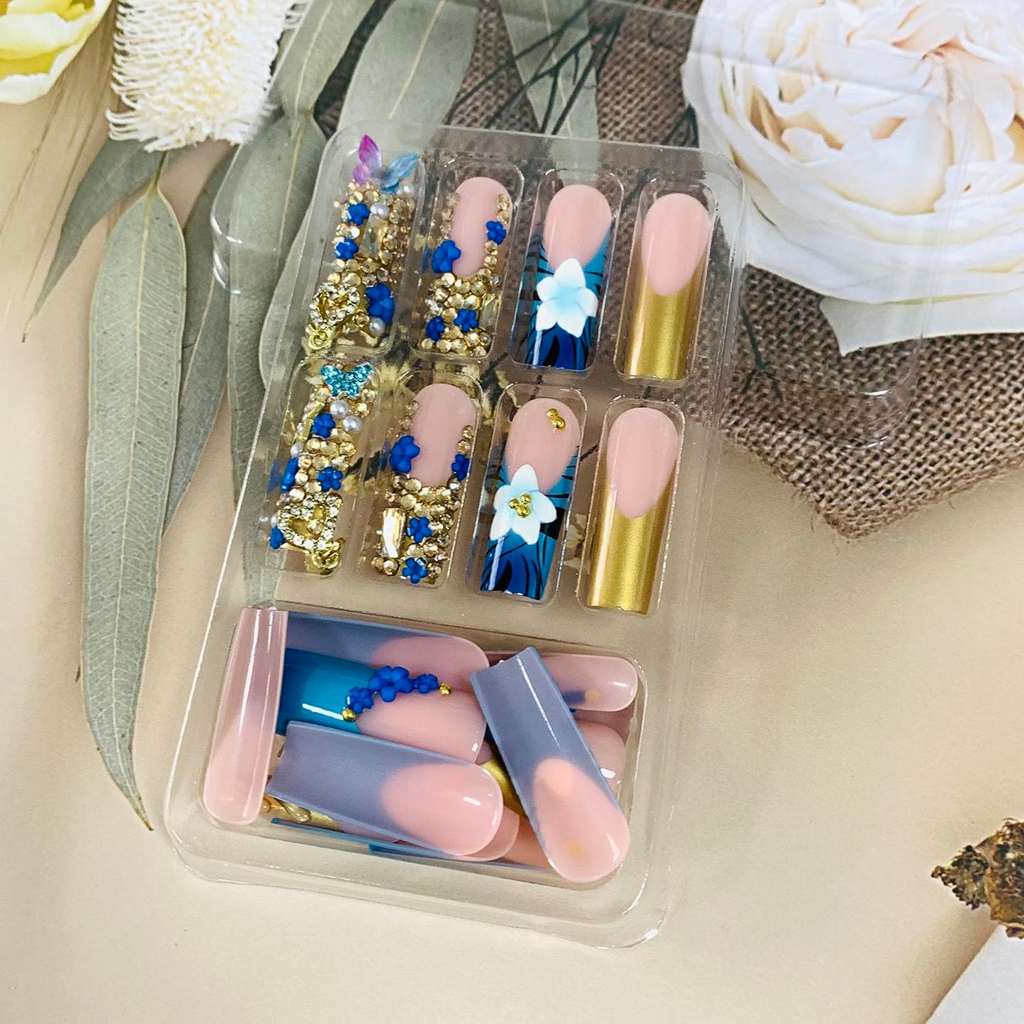 FIEONCIY Press on Nails Coffin Long Length Acrylic Glossy Full Cover Square Shaped French False Nails with Designs Artificial Extra Long Fake Nails with Charms Glue ons Fingernails for Women(AA176)