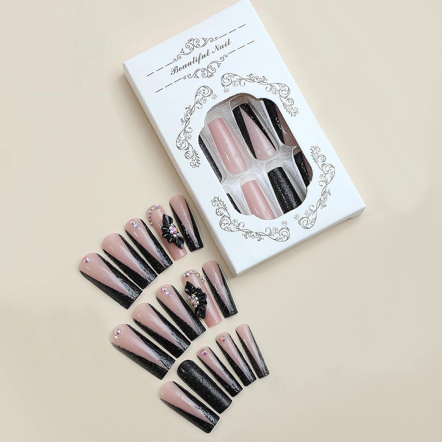 MISUD Press on Nails - Long Square Glue on Nails with Black French Tip, Acrylic Flower Rhinestone Design 24 pcs