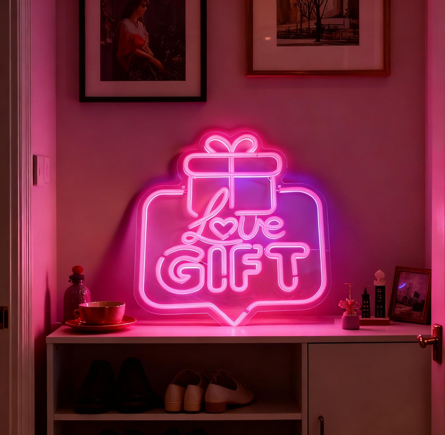 Love Gift Pink LED Neon Sign, Present Box Shape Neon Decor, USB Powered Decorative Neon Light for Gift Shop Signage Retail Store Display Party Event Bedroom Wall Table Accent 16.1 x 13.2 In