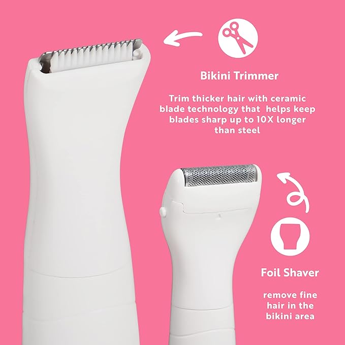 Clio PALMPERFECT Pro Series Bikini Trimmer for Women - Includes Foil Shaver and Exfoliating Brush Head - Cordless Hair Removal Electric Razor