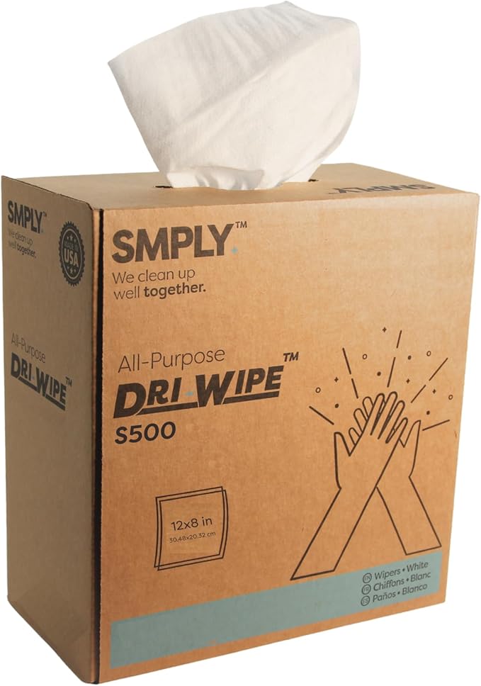 Dri-Wipe S500 by SMPLY Brands – All-Purpose Disposable Wipes, 10 Boxes of 176 (1,760 Total Wipes), Strong Alternative to Shop Towels & Paper Towels, 8" x 12" Center-Pull Sheets
