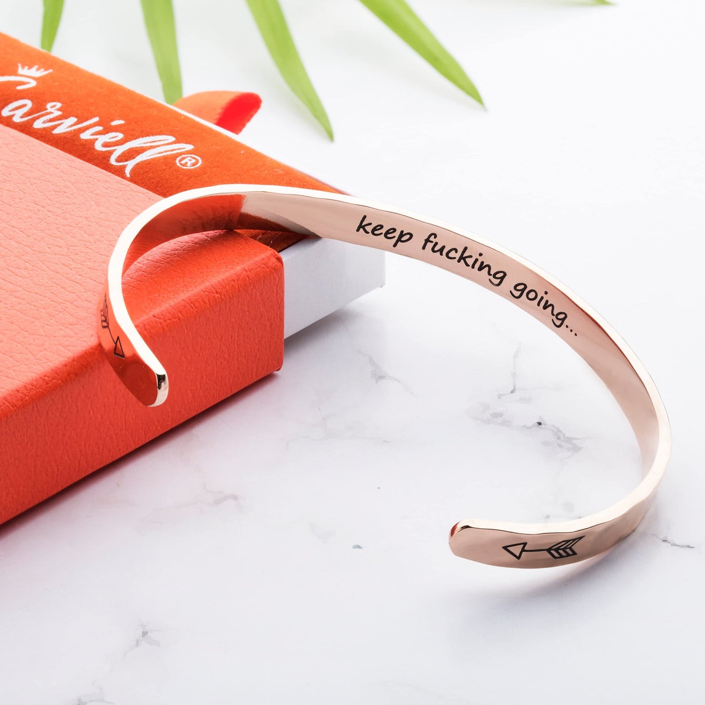 Carviell Inspirational Bracelets for Women, Hammered Rose Gold Motivational Cuff, Engraved Keep Going Bangle, Sober, Depression Gifts, Strength Bangle, Encouraging Gifts Jewelry