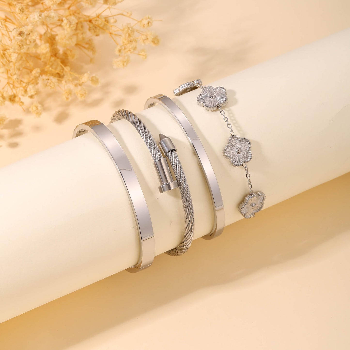 ISELBDR 18K Gold Bracelets for Women - Stackable Clover & Nail Love Bangle Set - Non-Tarnish Jewelry for Birthday Valentine's, Mother's Day & Christmas (Silver-A)