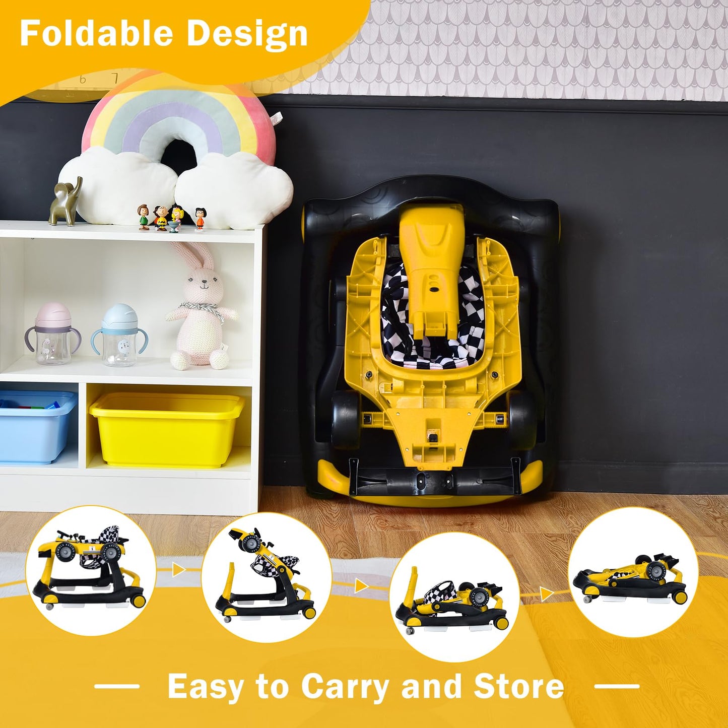 GLACER Foldable Baby Walker, 4-in-1 Infant Walker with Adjustable Height & Speed, Music, Light, Steering Wheel & Washable Cushion, Baby Walker Activity Center for Boys Girls 6 –18 Months (Yellow)