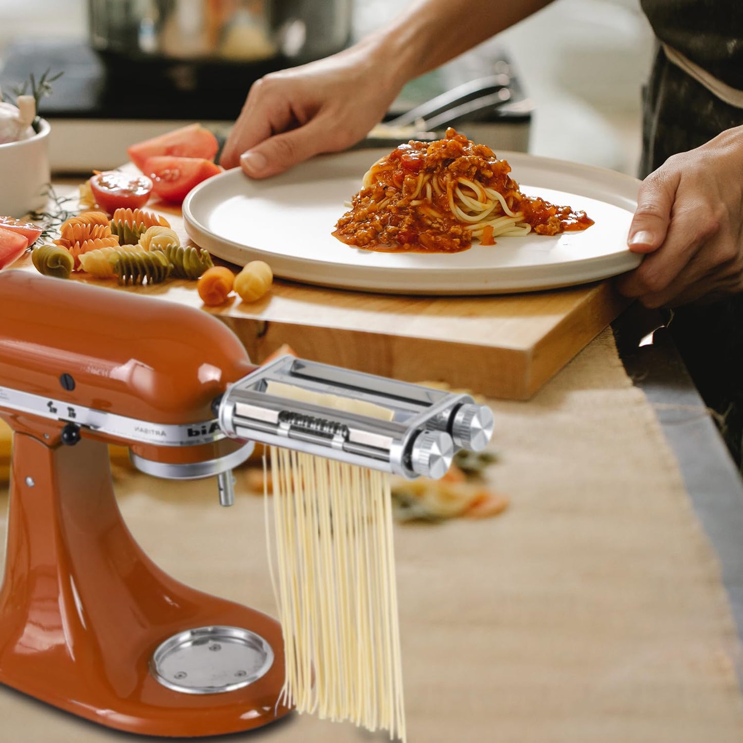 Pasta Maker Attachment for KitchenAid Stand Mixers, 3-in-1 Stainless Steel Pasta Roller & Cutter Set with Spaghetti and Fettuccine Blades, Includes 1 Metal Knob Screw Replacement