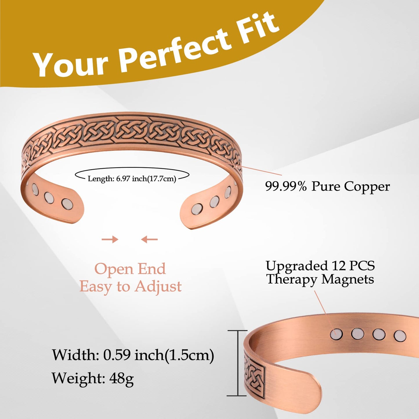 Feraco 12X Strength Wide Copper Bracelet for Men Magnetic Bracelets for Men with Neodymium Magnets, Pure Copper Jewelry Cuff Bangle, Adjustable with Giftable Box (Chain)