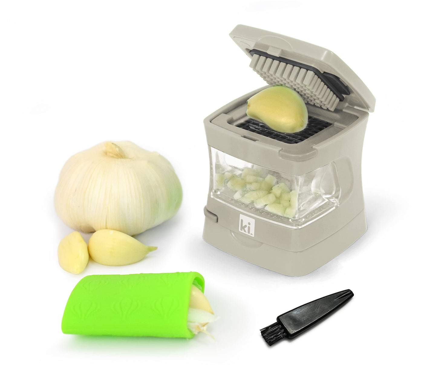 Kitchen Innovations Garlic-A-Peel Garlic Press, Crusher, Cutter, Mincer, and Storage Container - Includes Silicone Garlic Peeler - Easy to Clean - Stainless Steel Blades – (Cream), standard