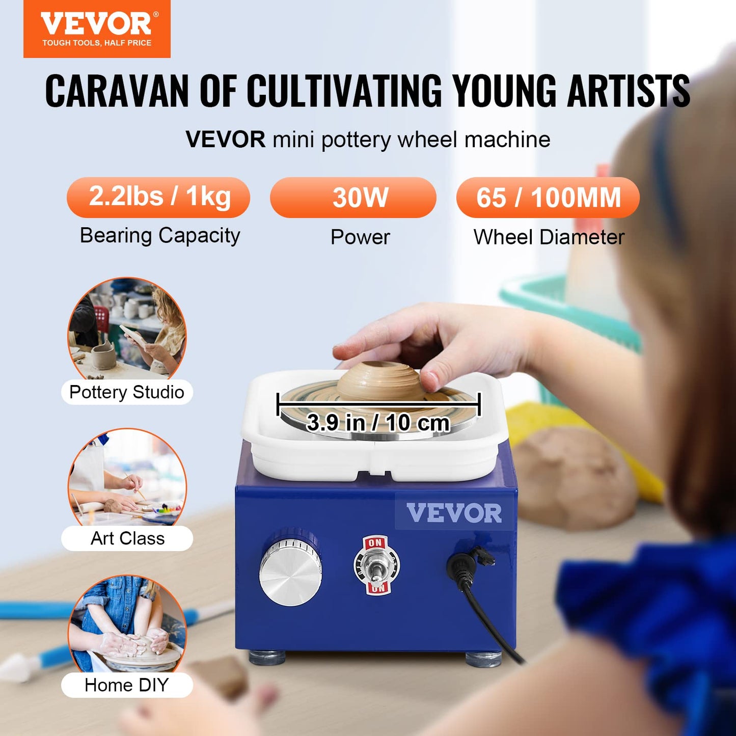 VEVOR Mini Pottery Wheel for Kids and Beginners, Complete Pottery Kit with 2 Turntables 2.6in/3.9in and 17 Accessories Tools, 0-300RPM Speed Adjustable, Craft Christmas Gifts for Kids Teens Adults