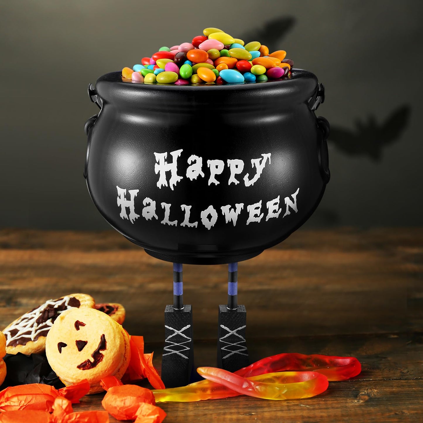 Shappy Halloween Decorations Cauldron Candy Bowl 8 Inch Plastic Black Witches Legs Candy Dish Bucket for Halloween Decor with Stickers Kitchen Trick or Treat Party Supplies Home Indoor Decor
