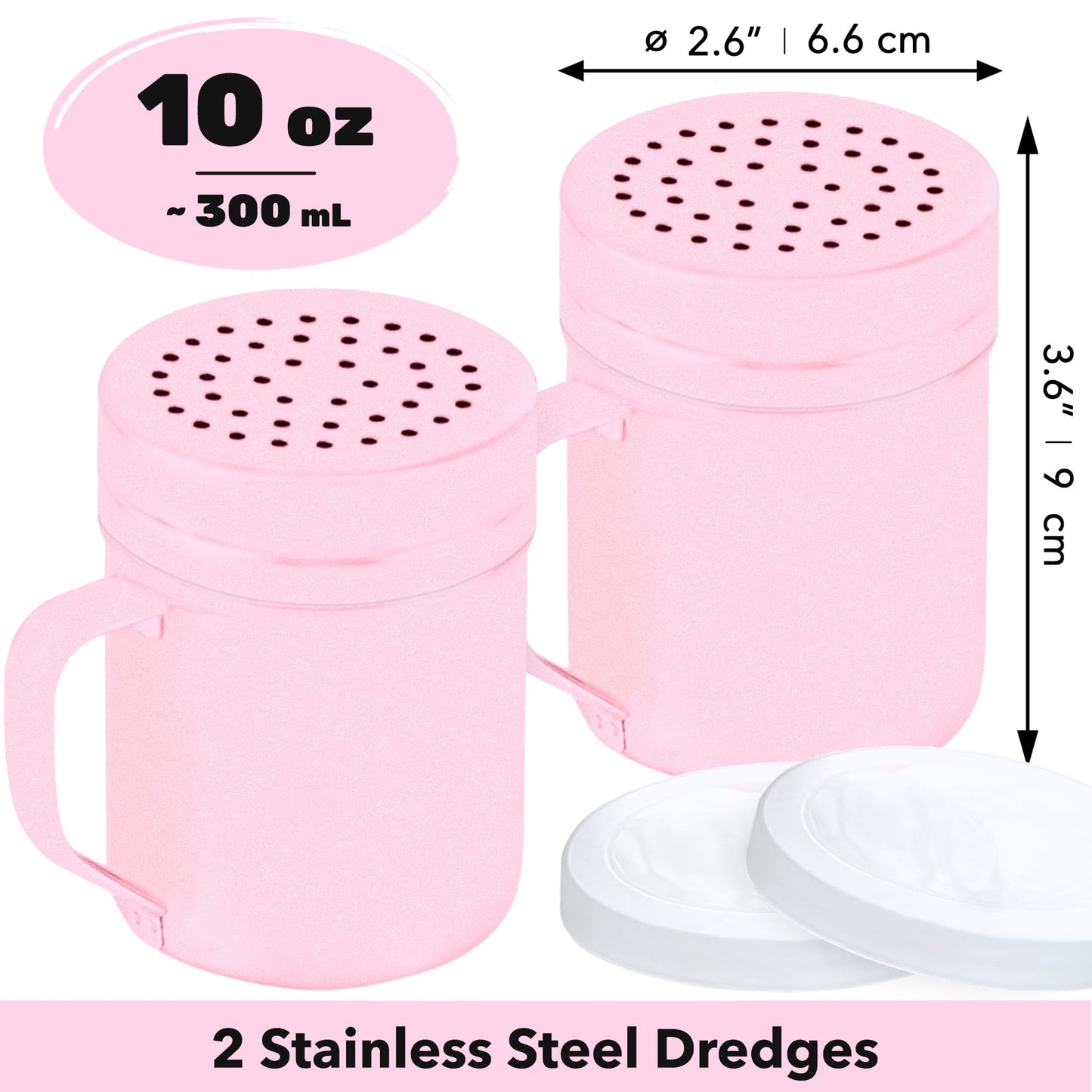 CUSINIUM 10oz Pink Stainless Steel Salt Pepper Dredge Shakers - With Plastic Cap - With Handle - Pack of 2
