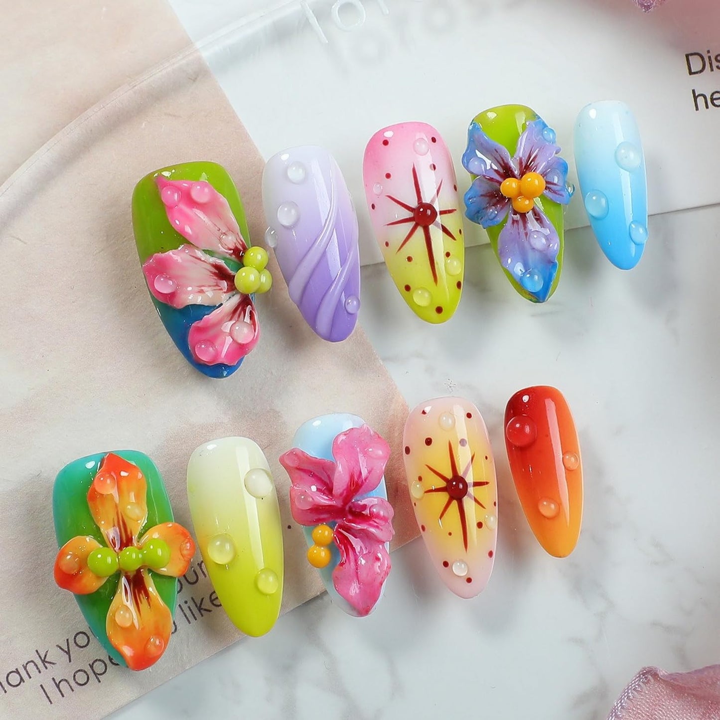 Handmade Press on Nails Medium Almond - 3D Luxury Colorful Flower Press on Nails Designs Thick Acrylic and Muti-Layer Gel False Nails Full Cover Gradient Fake Nails Stick on Nails for Women (Size S)