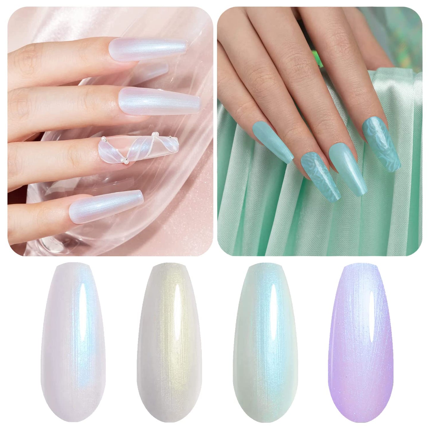 Vishine Pearl Gel Nail Polish Set 4 Color Pearlescent Shell GlitterMilky White Green Purple Shimmer Mermaid Nail Gel Polish Soak Off LED UV Curing Requires Swirl Thread Effect DIY Manicure 8ml