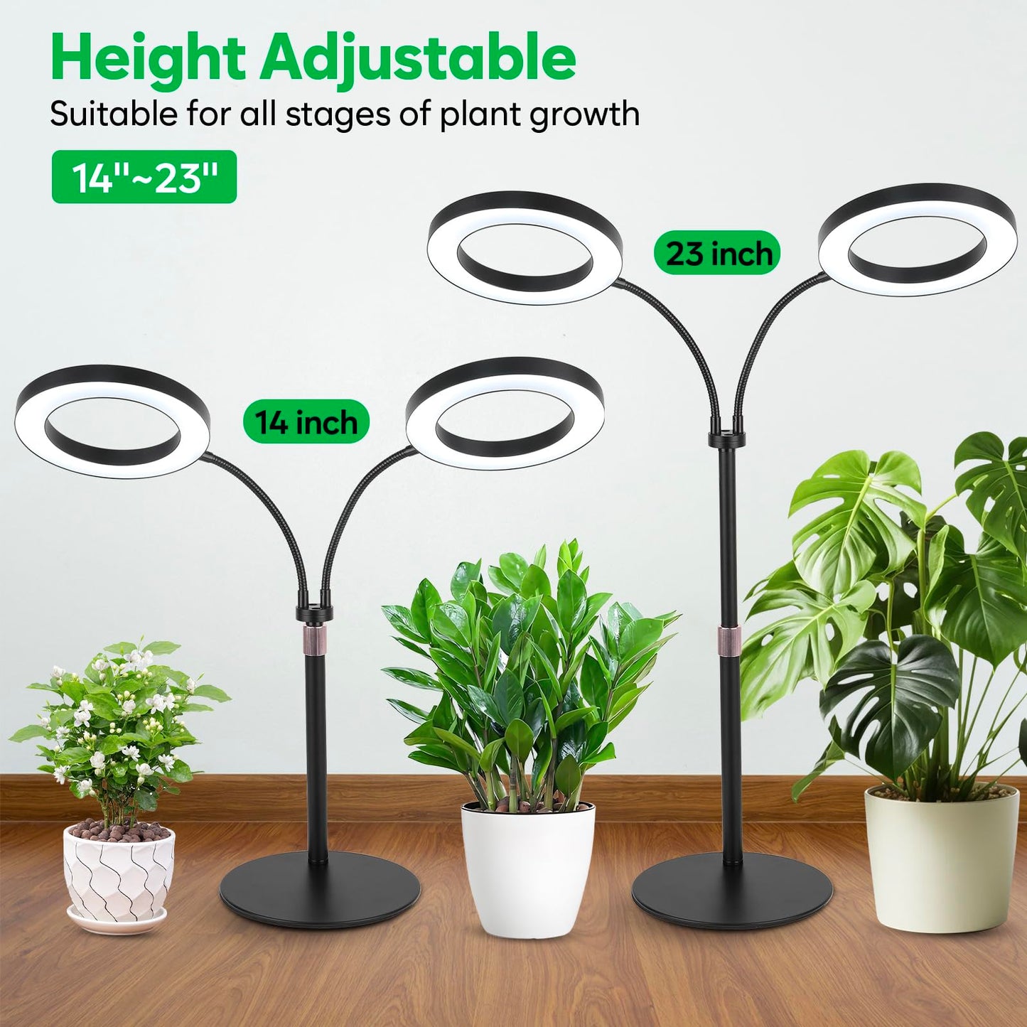 canvage Dual-Head Grow Lights for Indoor Plants, LED Full Spectrum Plant Lamp with Timer 3/9/12H, 10 Dimmable Levels, Flexible Gooseneck, Height Adjustable 14"-23" for House Plants & Seedlings