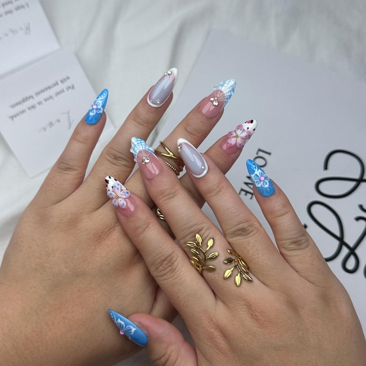 10PCS Handmade Press on Nails Medium Length Almond Fake Nails Full Cover Blue with Pearl Rhinestones designs Gel Stick on Nails French Tip Unique 3d Flower False Nails (M Size)
