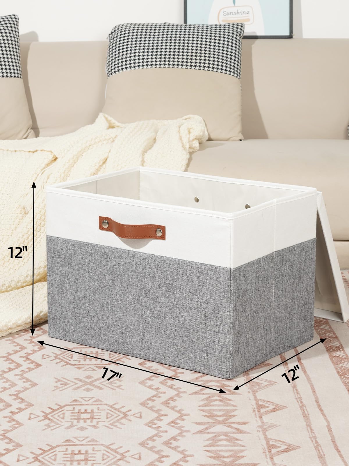 DULLEMELO Fabric Storage Bins with Lid, Set of 2 Large Decorative Storage Boxes for Shelves with Leather Handles, Foldable Storage Baskets for Closet (White&Grey, 17" L x 12" W x 12" H)