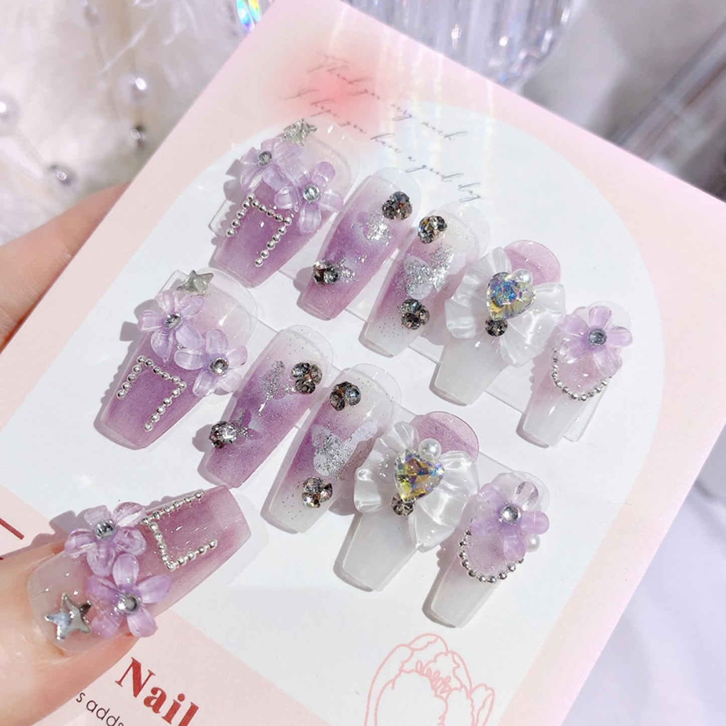 SINHOT Luxury Press on Nails - Long Coffin Fake Nails 3D Handmade Purple Flowers Reusable False Nails with Rhinestone Designs,DIY Artificial Nail Art, 24pcs