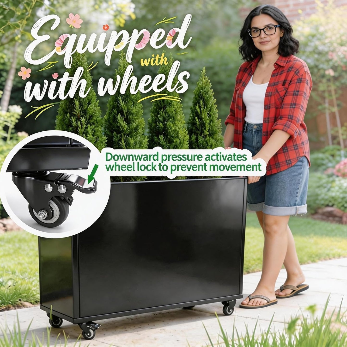 biubiusot Modern Metal Planter Box, Large Rectangular Planter for Outdoor Plants - Heavy Duty Tall Planter Box with Lockable Wheels for Porch/Patio/Garden (Black, 38"x12"x25")