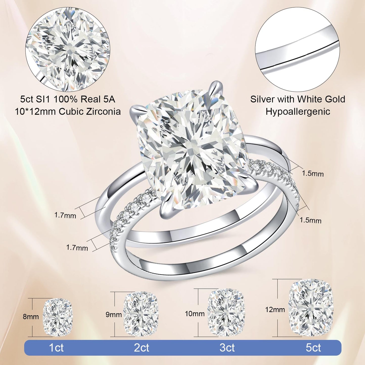 AVECON 5CT Elongated Cushion Cut Engagement Ring Set for Women, Wedding Promise Cubic Zirconia Band, White Gold Plated Stackable Adjustable Bridal Half Eternity Open Rings, Size 6