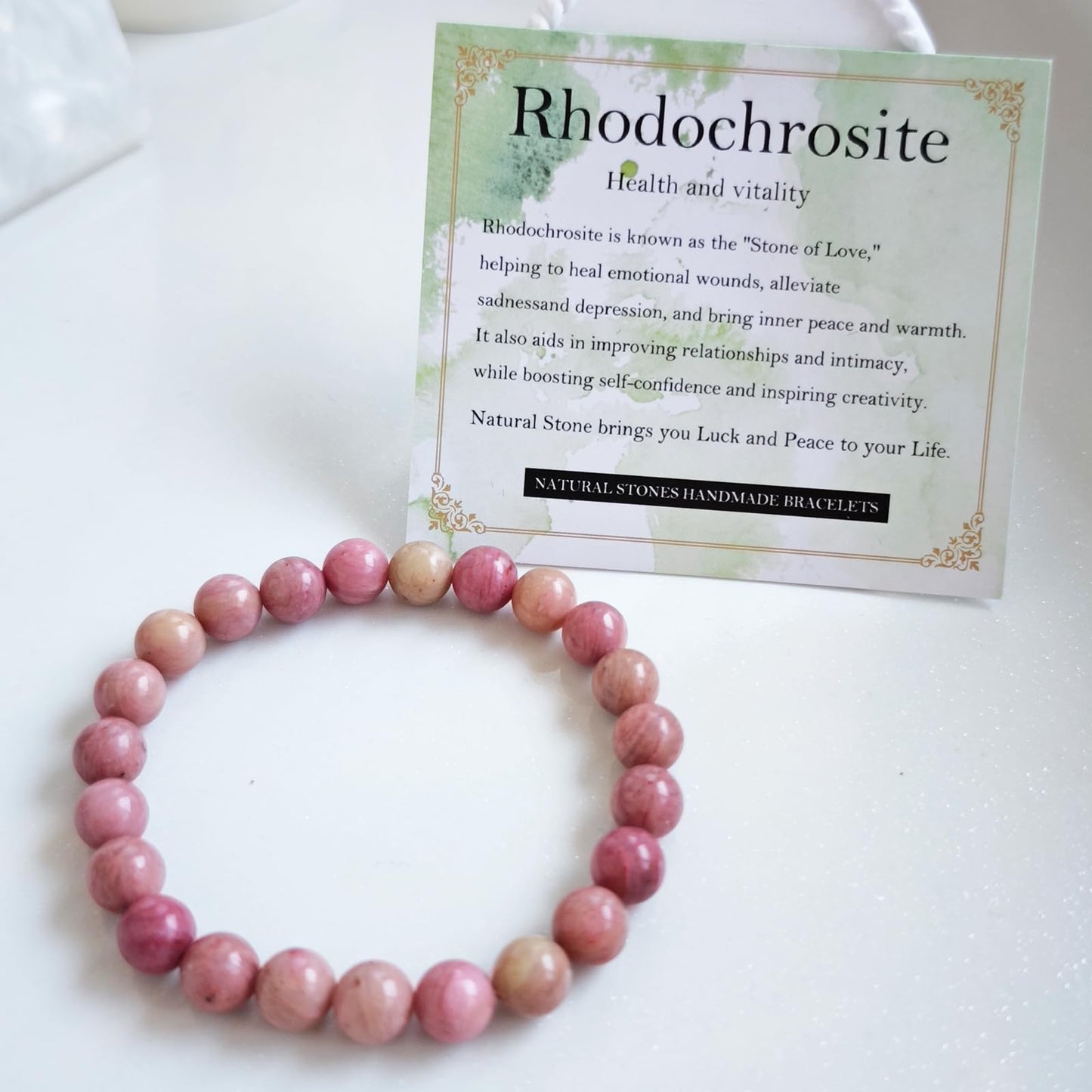 Handmade Natural Gemstone Elastic Bracelet - Healing Crystal Beads Jewelry, Unisex (Rhodochrosite, 8mm)