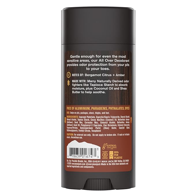 Every Man Jack All Over Deodorant - 24 Hour Whole Body Odor Protection - Aluminum Free - Fresh Citrus Scent 2.6 oz (1 Pack)