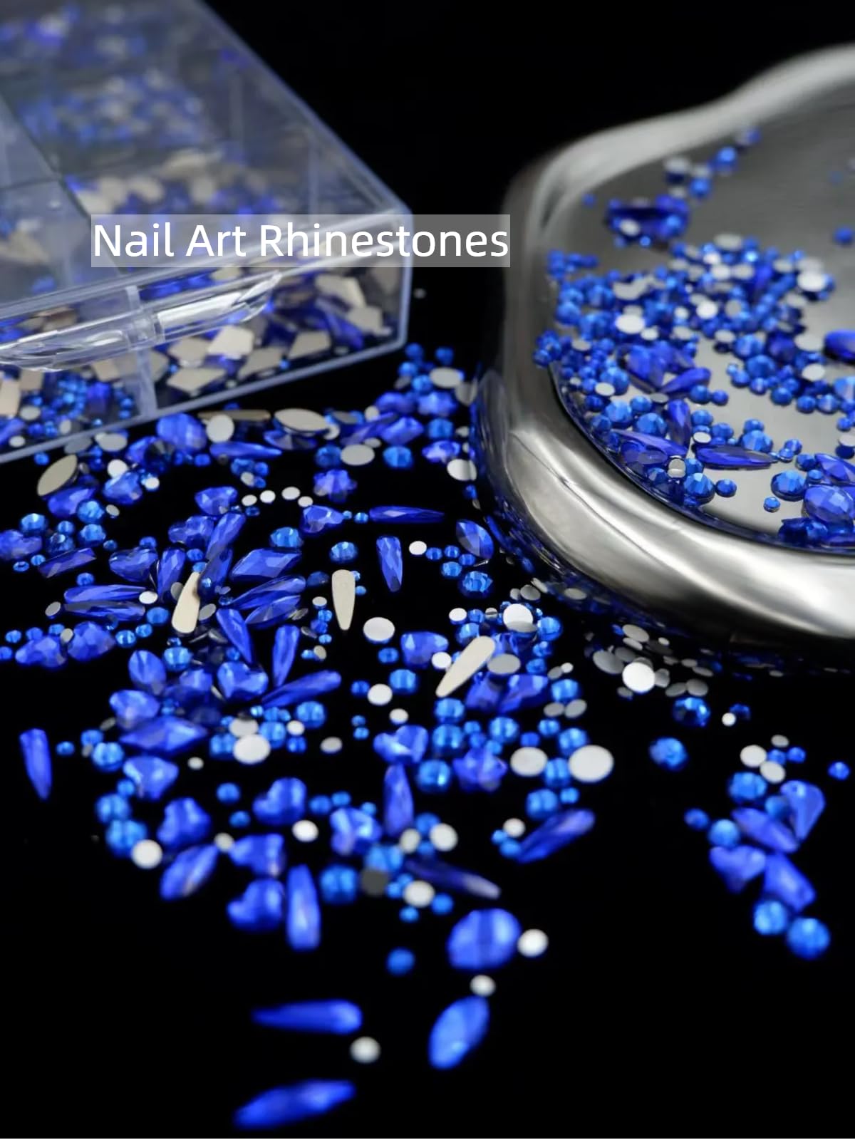 AMLAVIFISH 6080PCS Blue Rhinestones for Nails, Mix Sizes Blue Nail Charms and Gems with 20 Shapes, 3D Flatback Crystals Diamonds for DIY Nail Art Design (Tweezers Included)