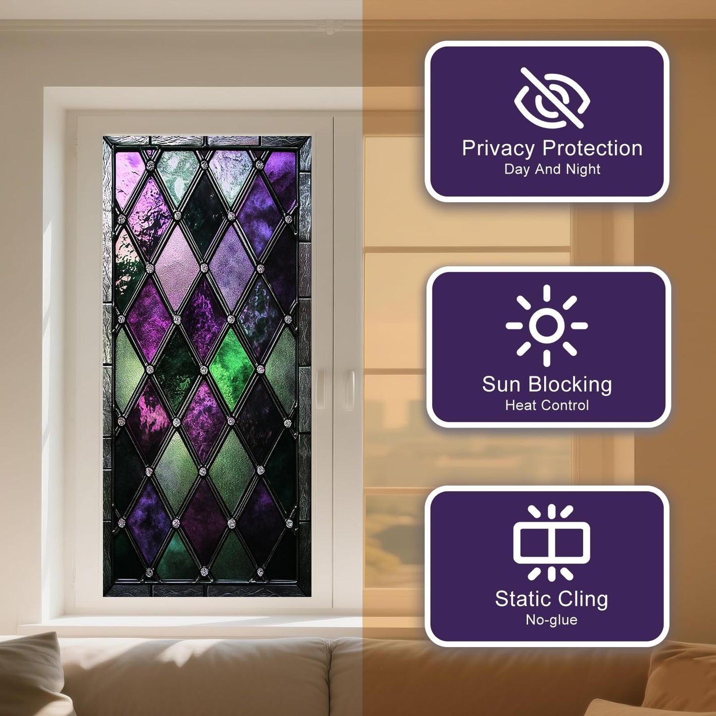 IVN Privacy Window Film Stained Glass Window Cling Purple and Green Diamond Design Decorative Static Cling Window Sticker for Bathroom Kitchen Entry Door 17.7 x 39.3 Inch