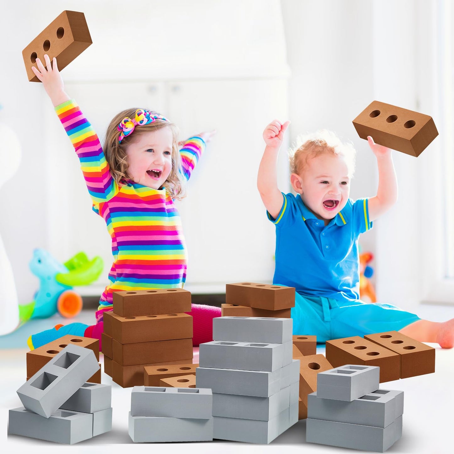 Deekin Foam Brick Building Blocks for Kids Thick Blocks Foam Large Fake Brick Construction Toy for Stacking Construction, 8 x 4 x 2.4 in(30 Pcs,Square Circle Holes)
