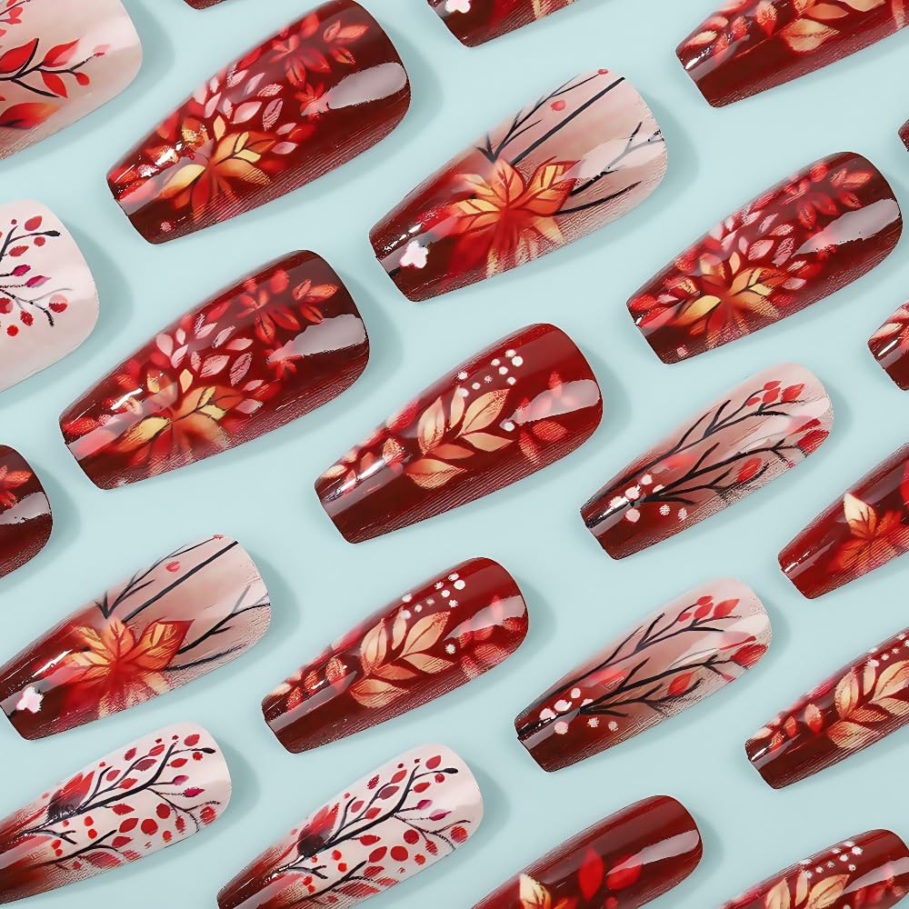 24Pcs Fall Maple Leaves Press on Nails Medium Coffin Fake Nails Full Cover Glossy Glue on Nails Red Gradient Autumn Acrylic False Nails for Women Manicure Kit
