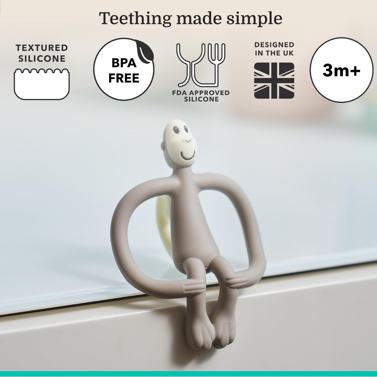 Matchstick Monkey Original Teether & Gel Applicator – Silicone Baby Teether, Easy-to-Grip, BPA-Free, Supports Self-Soothing & Early Brushing, 3 Months+, 4 Inches, Grey