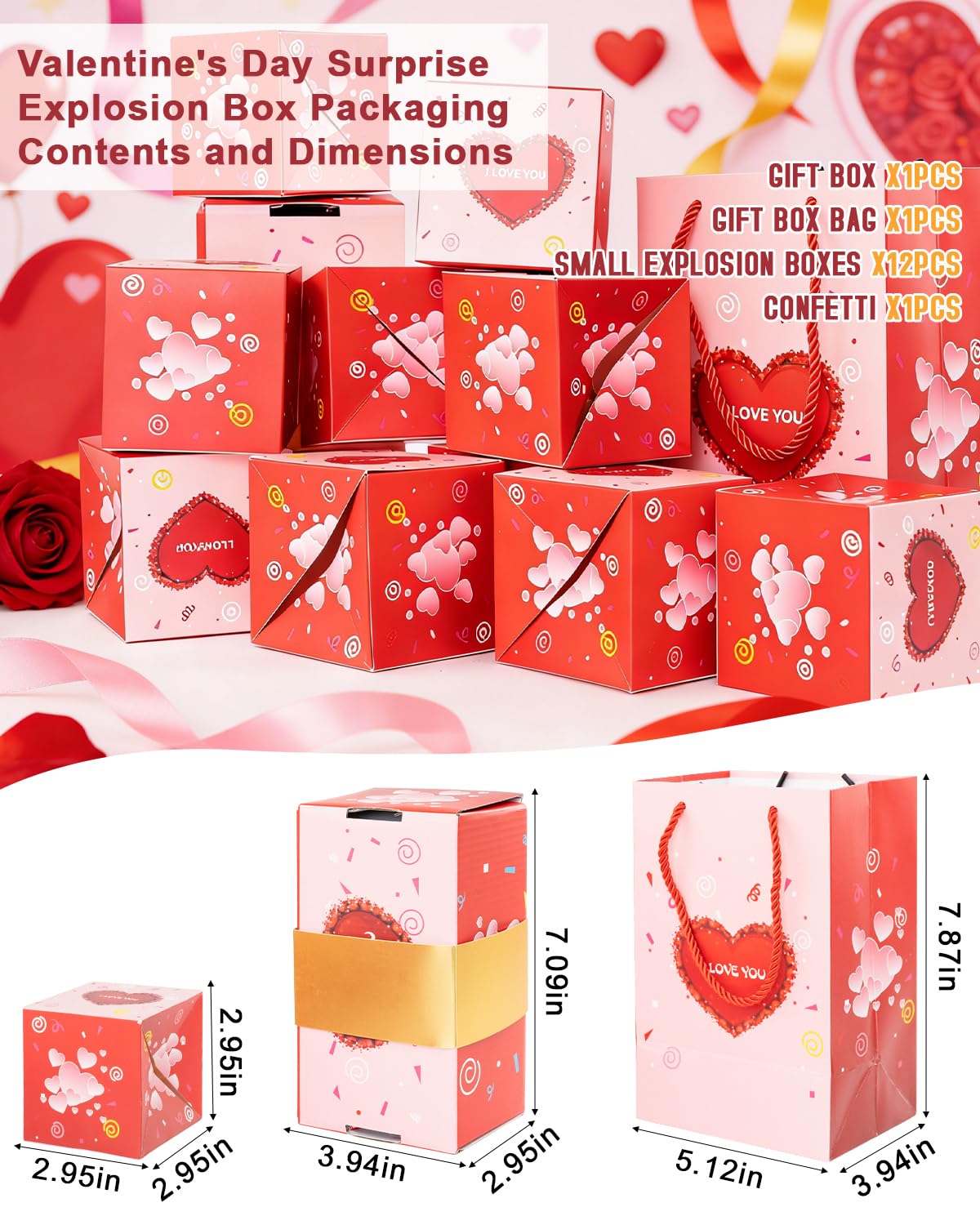 ASSRECT Exploding Gift Box -Valentine's Day, BirthdaySurprise Box Pop Up with 12 Money Holders, ReusableDate Gift Box for Valentine's Day, Cash, Gifts, Birthday, Party supplies (Pink)