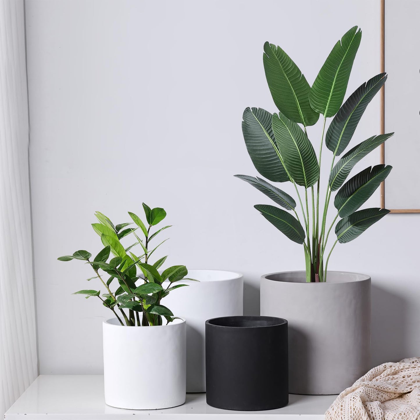 SANDYBAYTAS 11 Inch Pot for Plants, Large Cement Planter with Drainage Hole, Mid-Century Modern Concrete Flower Pots for Home Decor, Office & Outdoor (White)