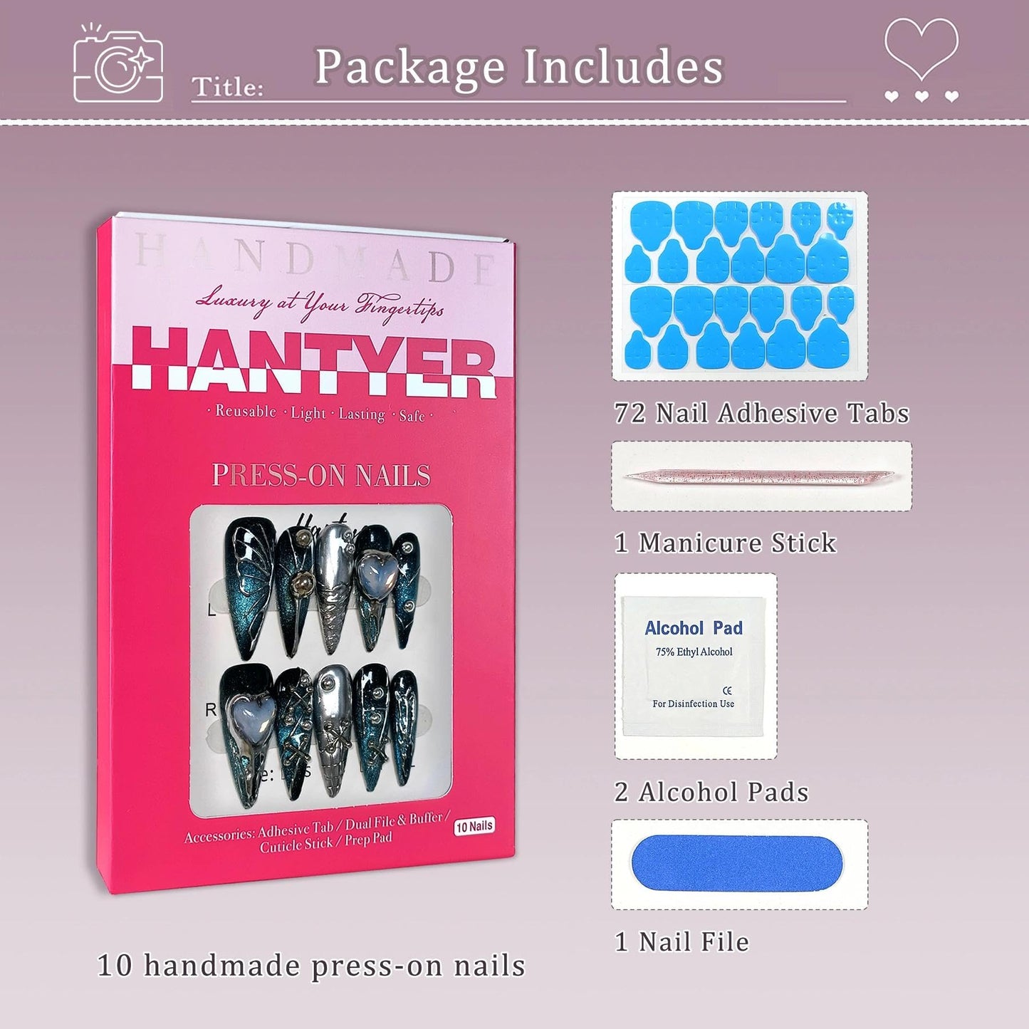 Hantyer Goth Press on Nails, Long Stiletto Glossy Nails in Black & Metallic Silver, Hand-Painted 3D Crosses & Butterflies with Blue Cat Eye, Celestial Style for Raves & Cosmic Parties (Size S)