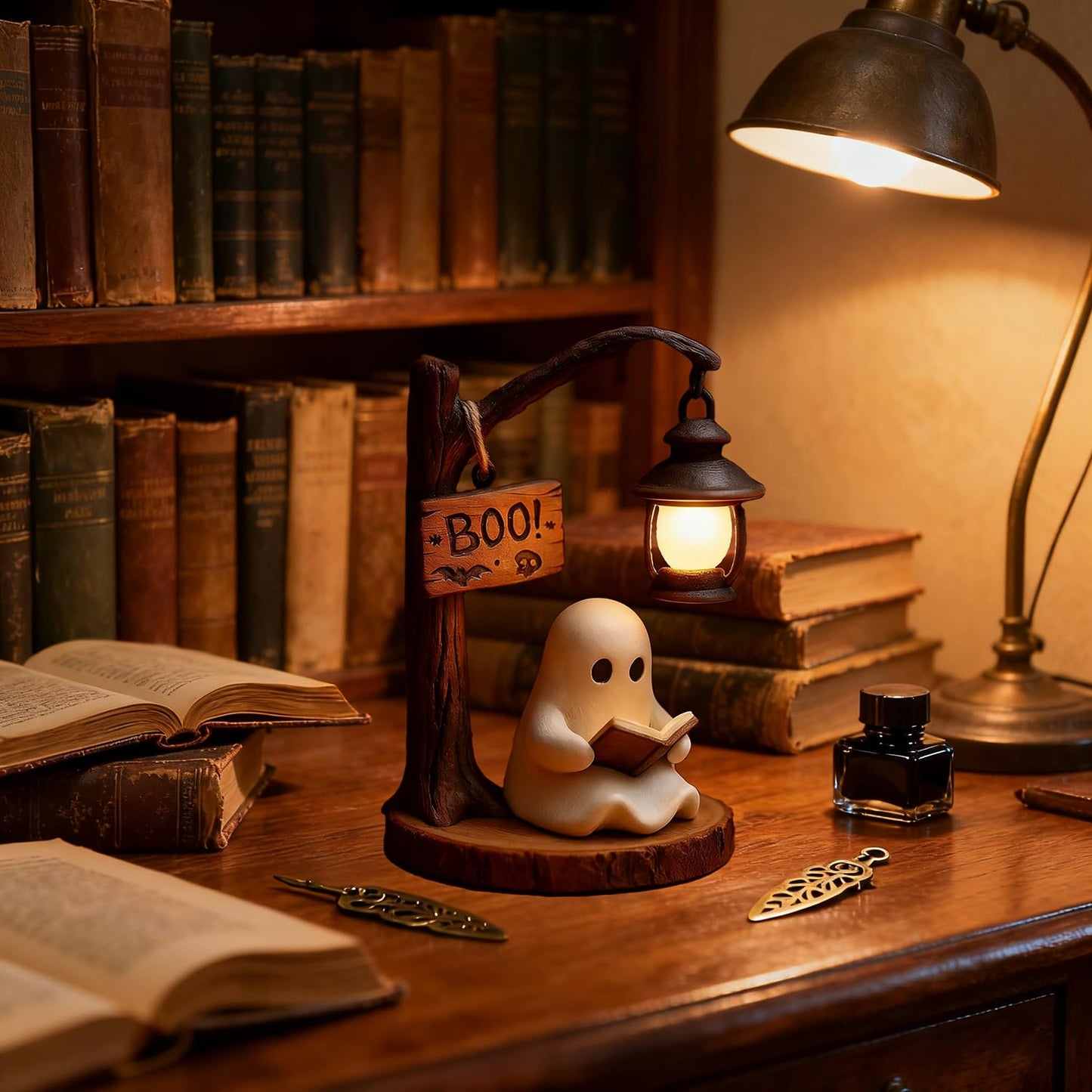 BRKYKGK Halloween Figurine Lamps, Cute Ghost Lamp Statue Night Light with Ghost Reading Book Designs, Indoor Party Decor Halloween Lamp for Home Table Room Kitchen Office Indoor Decorations