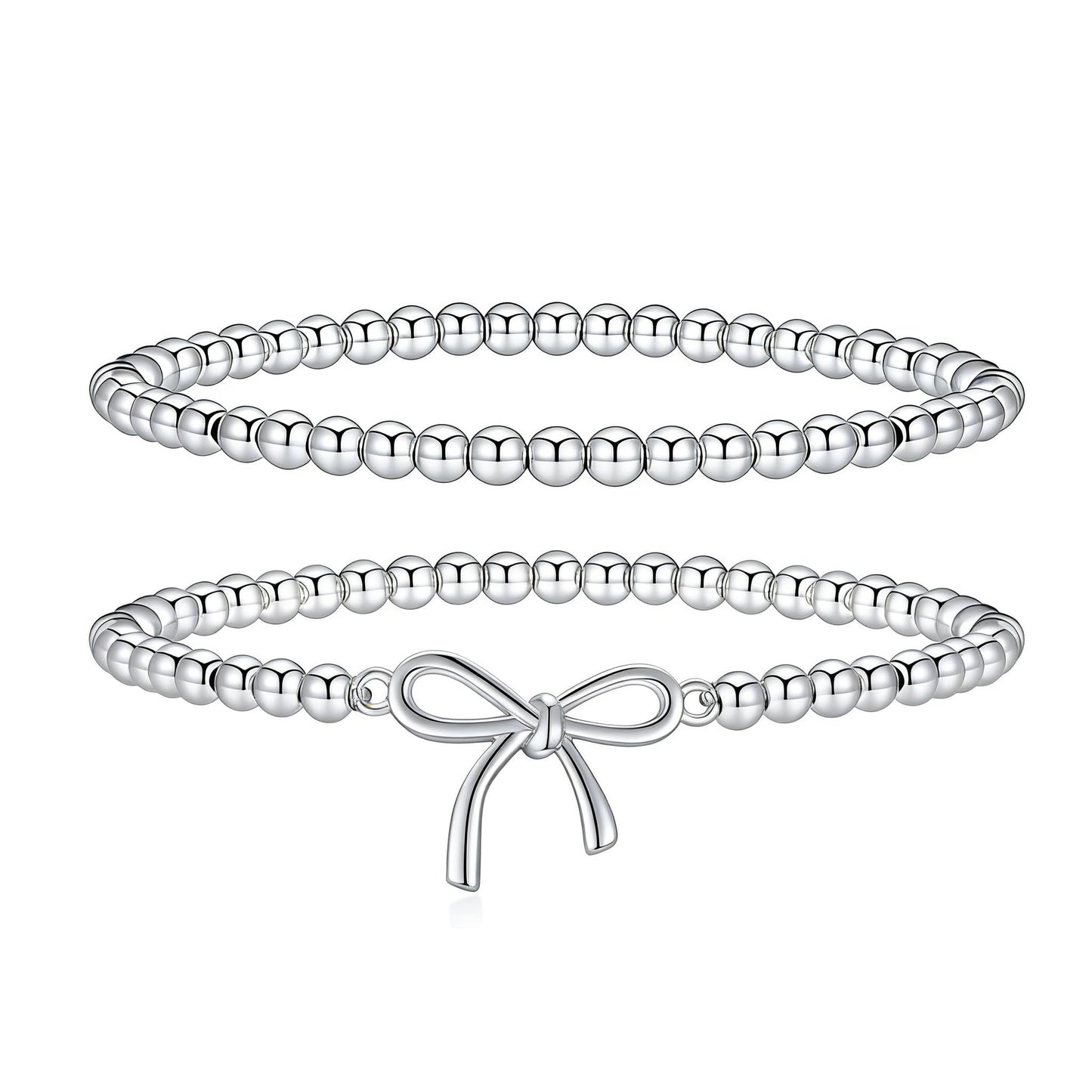 Jsuospmy Silver Beaded Bracelets for Women 14K Silver Bow Bracelet Handmade Stackable Bracelets for Women Trendy Non Tarnish Bracelet Jewelry Gift for Womens 2Pcs (07.Bow+Beaded (Silver))