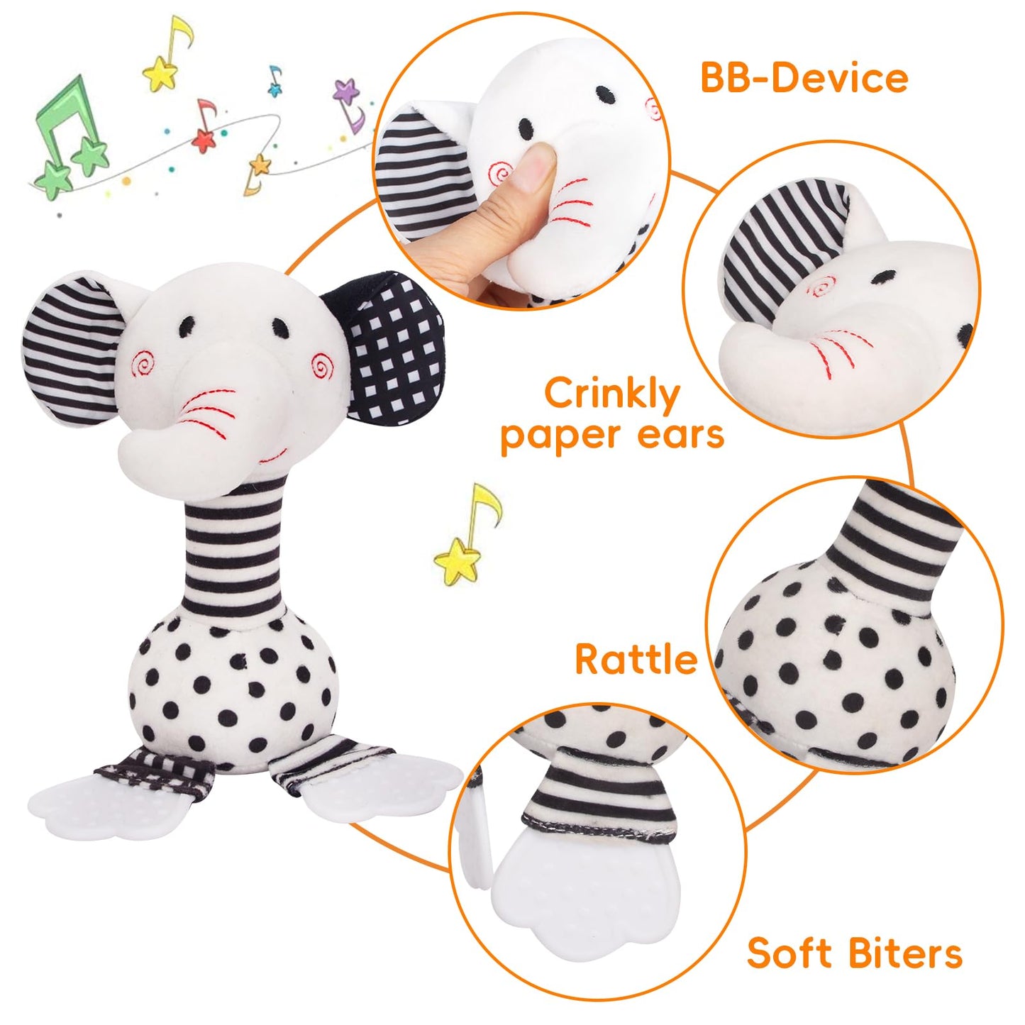 JINBOBUBU Black & White Elephant Baby Toys 0-12 Months - Plush Sensory Rattle with Teether, Wind Chime, BB Squeaker & Embroidery for Visual, Hearing & Cognitive Development