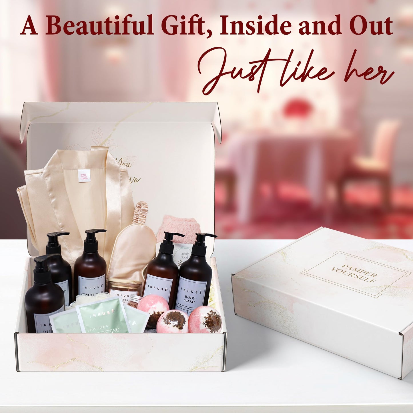 INFUSÉ 17-Piece Spa Gift Box for Women | Mother’s Day & Graduation Gift | Eye Mask, Candle, Robe, Loofa, Bath Bombs, Face Masks, Bubble Bath, Lotion, Body Wash, Bath Salt, Shampoo, Conditioner & Socks