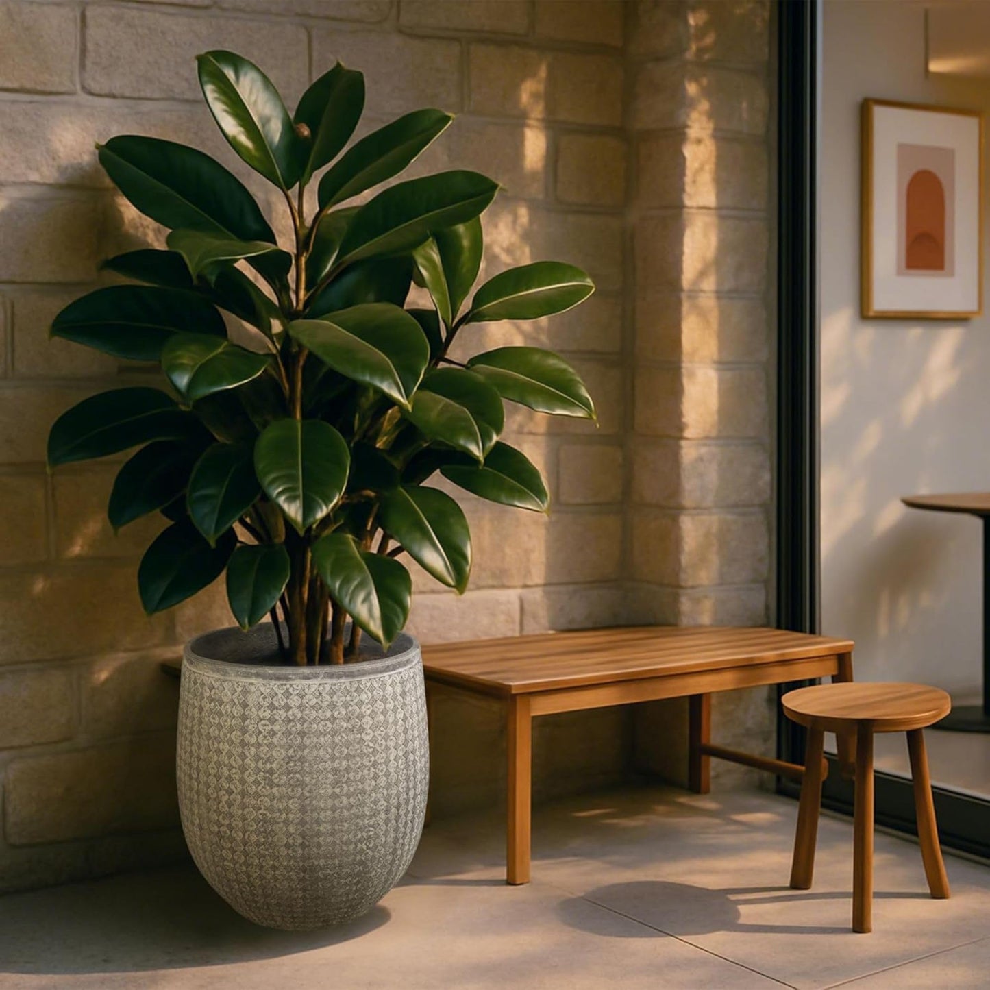 Worth 14.5" Round Planter, Lightweight Magnesium Oxide Cement Plant Pot, Raised Pattern Concrete Look with Drainage Hole for Indoor/Outdoor Use, Grey