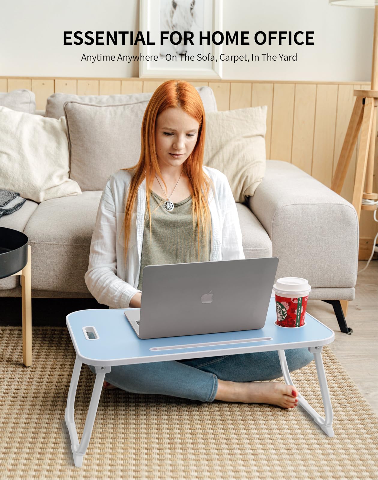 ZEAPTAC Laptop Bed Desk, Foldable Lap Desk, Portable Lap Table, Laptop Stand with Cup Holder & Tablet Slot & Lifting Handle for Working Writing Drawing & Eating - Blue