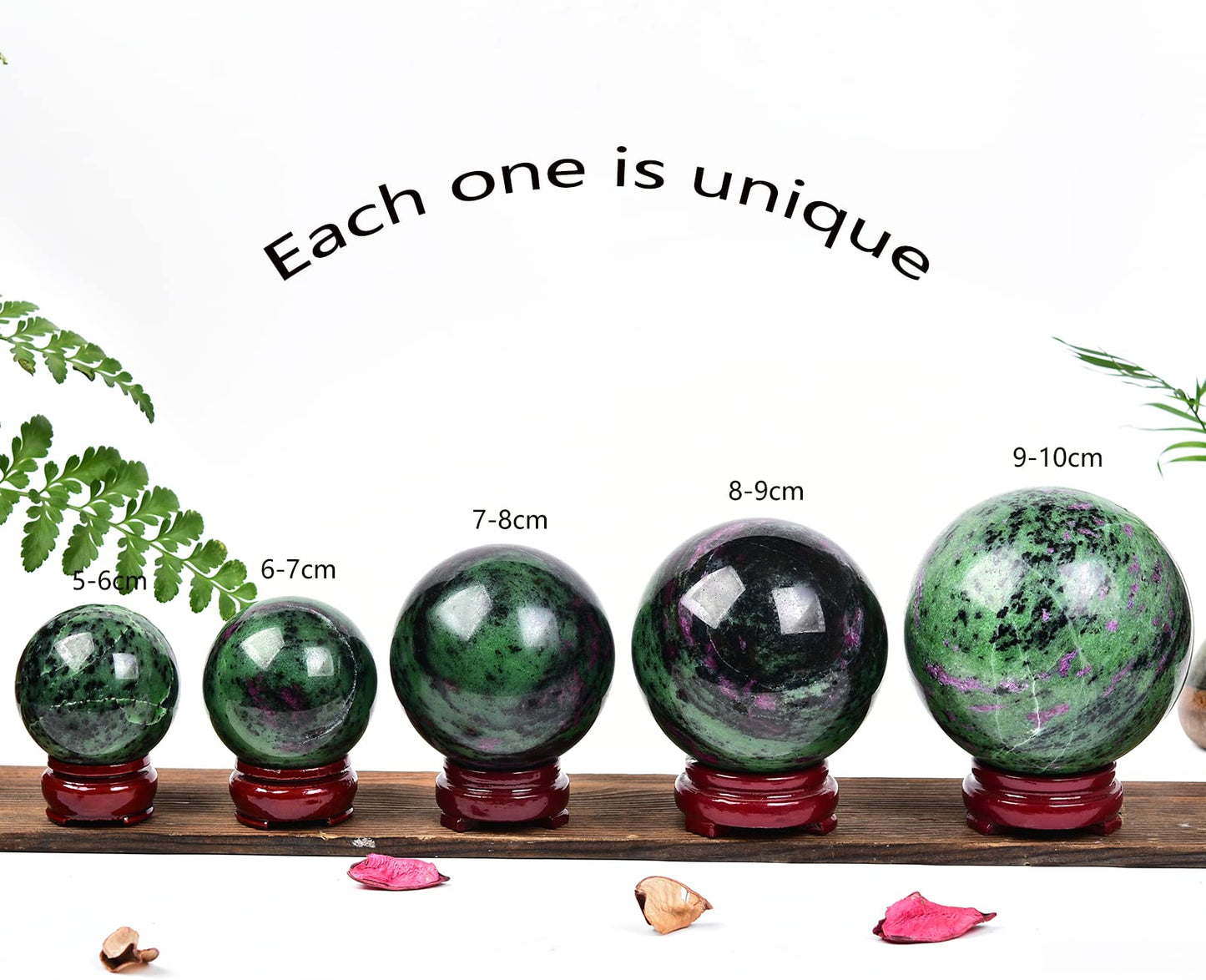 JIC Gem Crystal Sphere Ruby Zoisite Healing Ball With Wood Base - Red&Green Treasure Gemstone for Reiki Chakra Decor (70-80mm)