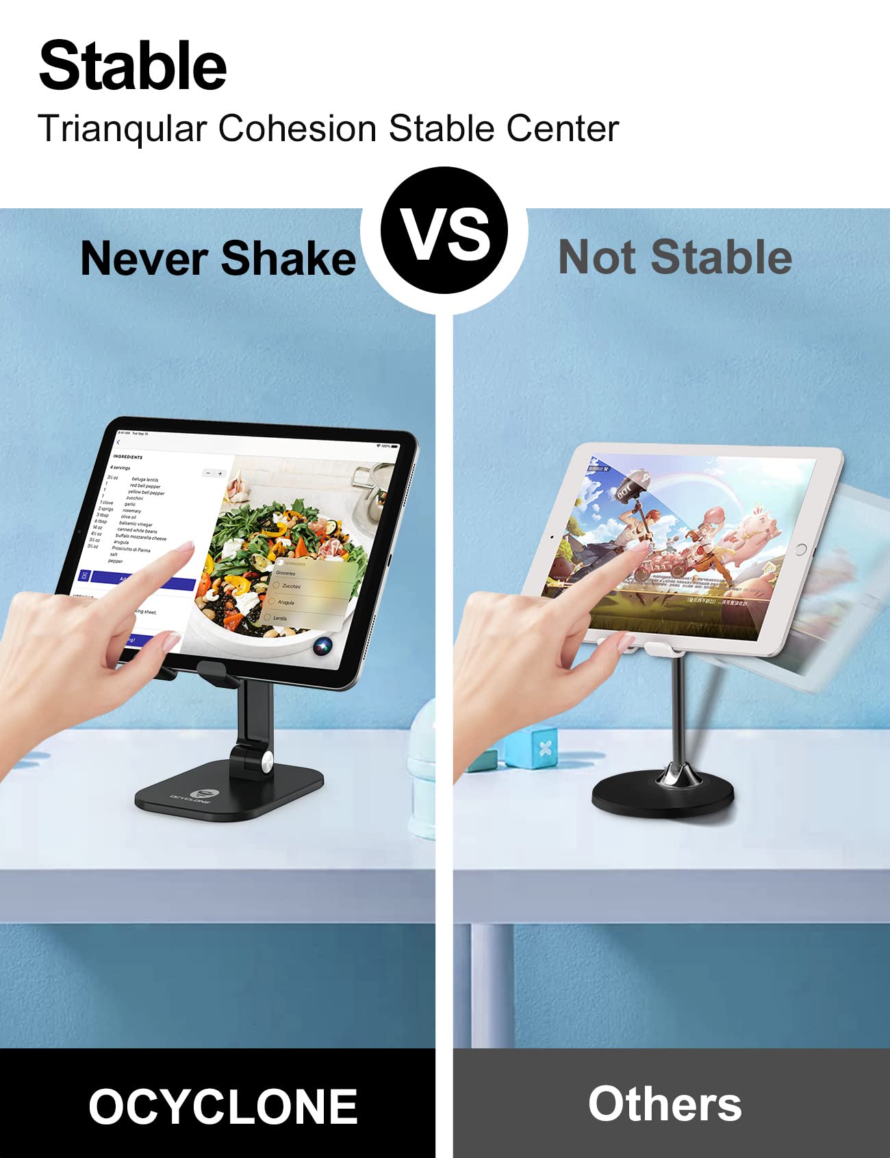 OCYCLONE Cell Phone Stand + 2 PCS Cable Organizer, Angle Height Adjustable iPhone Stand for Desk, Foldable Cell Phone Holder Tablet Stand Compatible with 4.7"-13" Phone Tablet