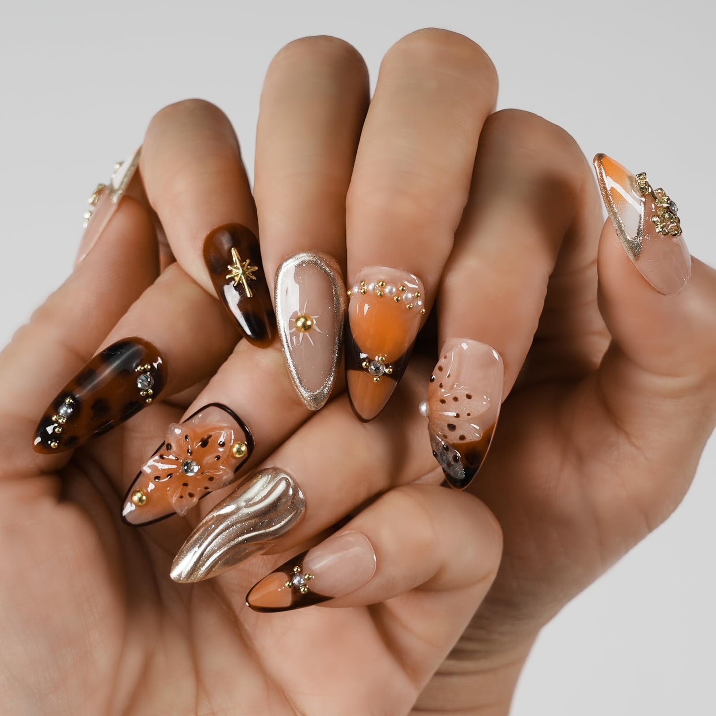 Tesytto Gothic 3D Floral Press on Nails Medium Almond - Gold Cross & Rhinestone Design, Handmade Pearl Luxury Dark Romantic Reusable Nails (Orange Diamond Sweet Luxury,L)