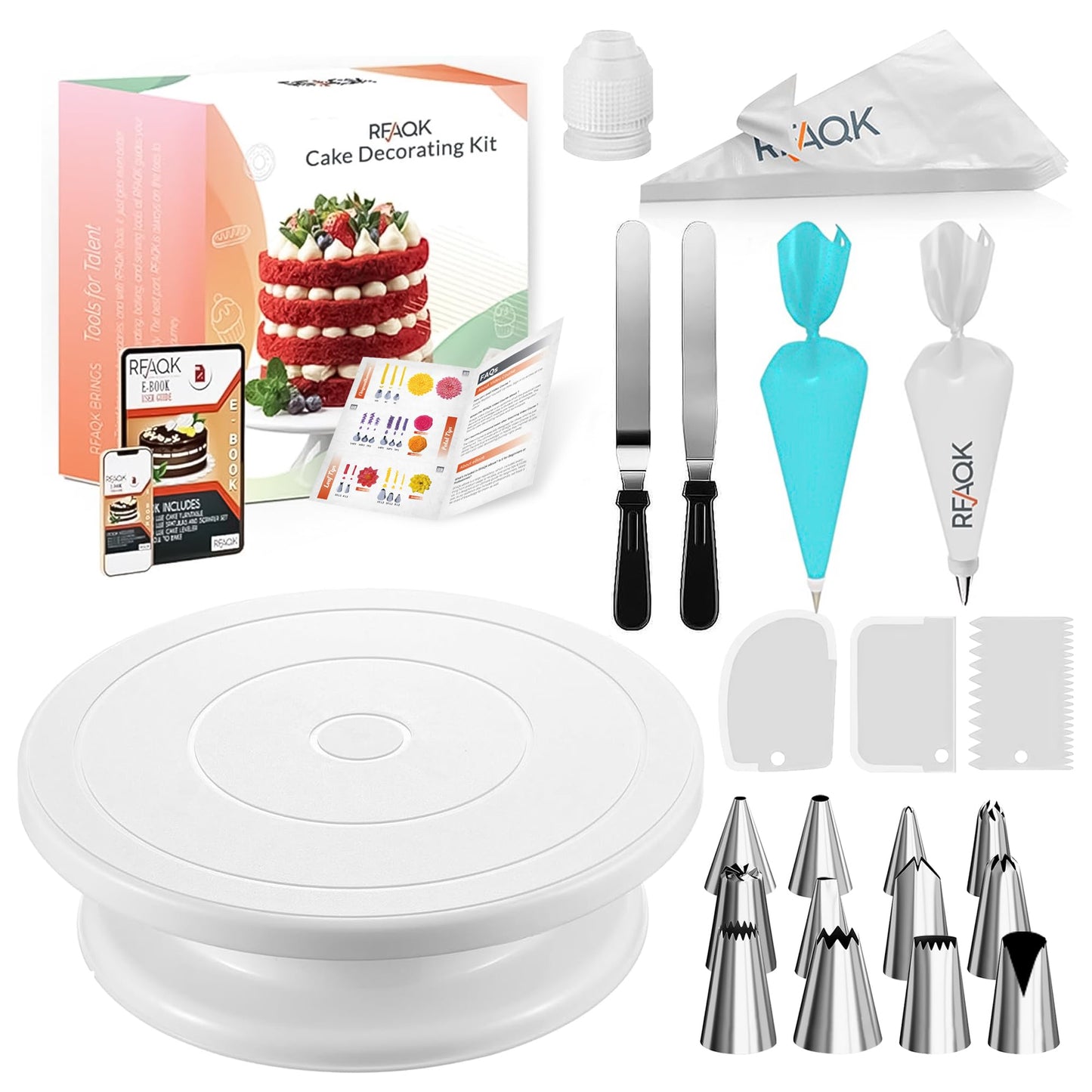 RFAQK 72PCs Cake Decorating Supplies Kit for Beginners - Cake Turntable with 50 Piping Bags, Bags Coupler, 12 Numbered Piping Tips, Offset & Straight Spatula, Icing Scrapper Set for Cake Decoration