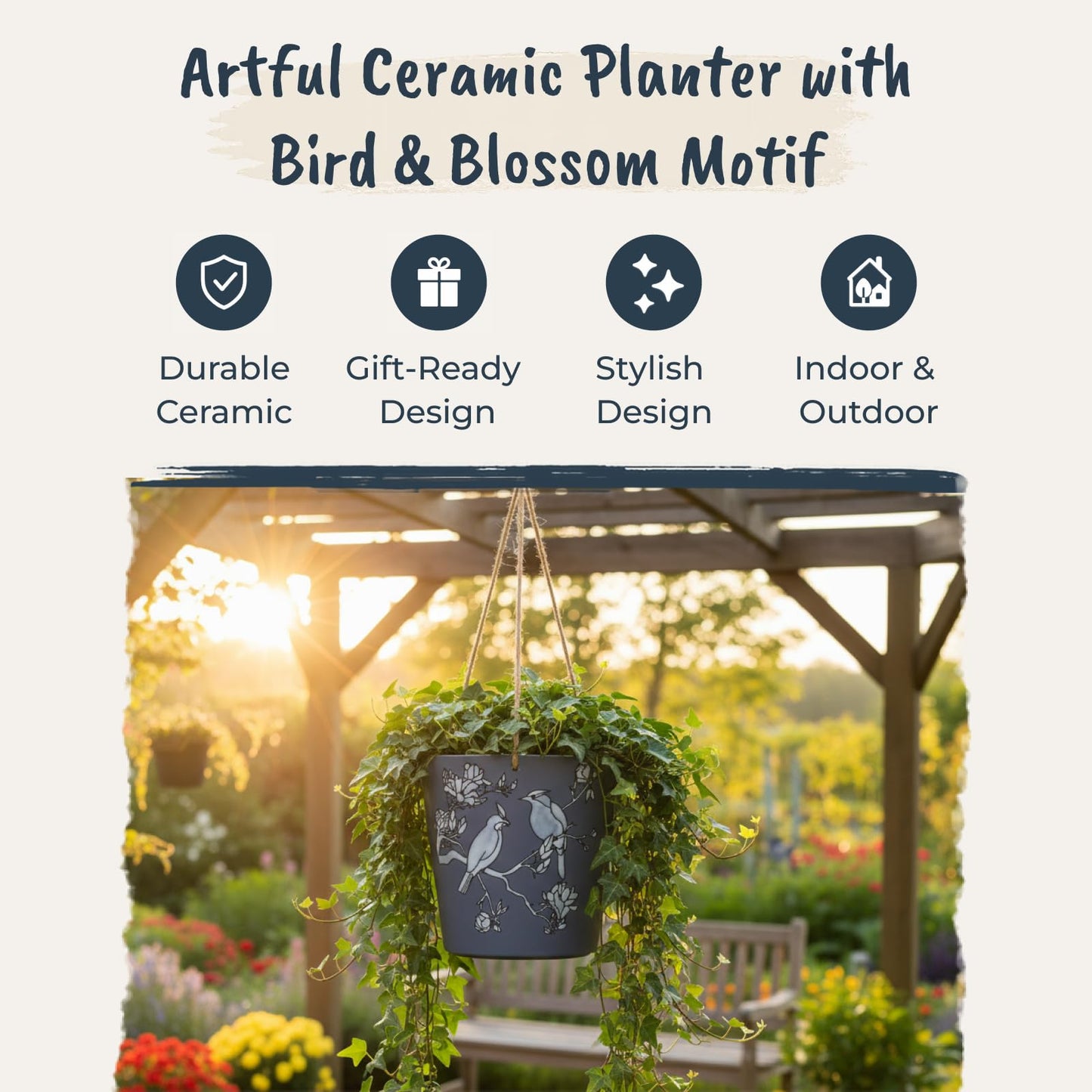 Blue Sky Clayworks 6.5" Hanging Bird Blue Planter, Ceramic, 7" x 6" x 5", Slate Night, Perching Pair & Blooms
