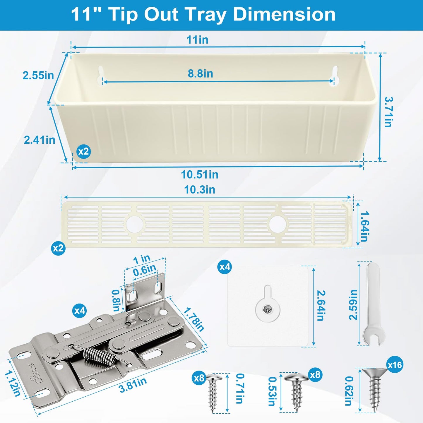 Upgraded 11" Tip-Out Plastic Sink Trays with Steel Hinges Kitchen Sink Tip Out Tray Kit, Pullout Organizer Cabinet Storage for Kitchen & Bathroom with 8 Mounting and 4 Screws, White (2 Pack)