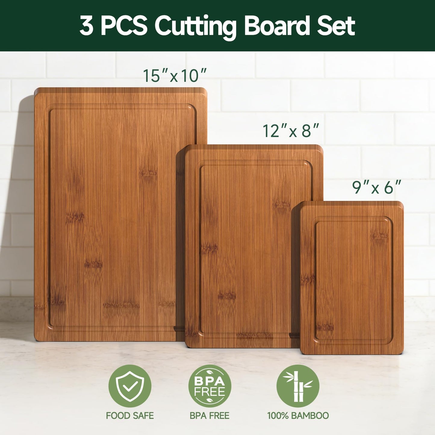Zeawec 3-Piece Set Bamboo Cutting Board for Kitchen - Crack-Resistant Wood Chopping Boards with Deep Juice Grooves, Pre-Oiled Butcher Block for Meat, Vegetables & Cheese, Carbonized