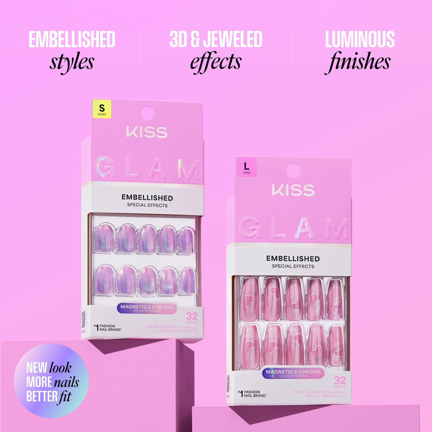 Kiss Glam, Press On Nails, Nail glue included, 'Celestique', Blue, Short Size, Round Shape, Includes 32 Nails, 2g Glue, 1 Manicure Stick, 1 Mini File