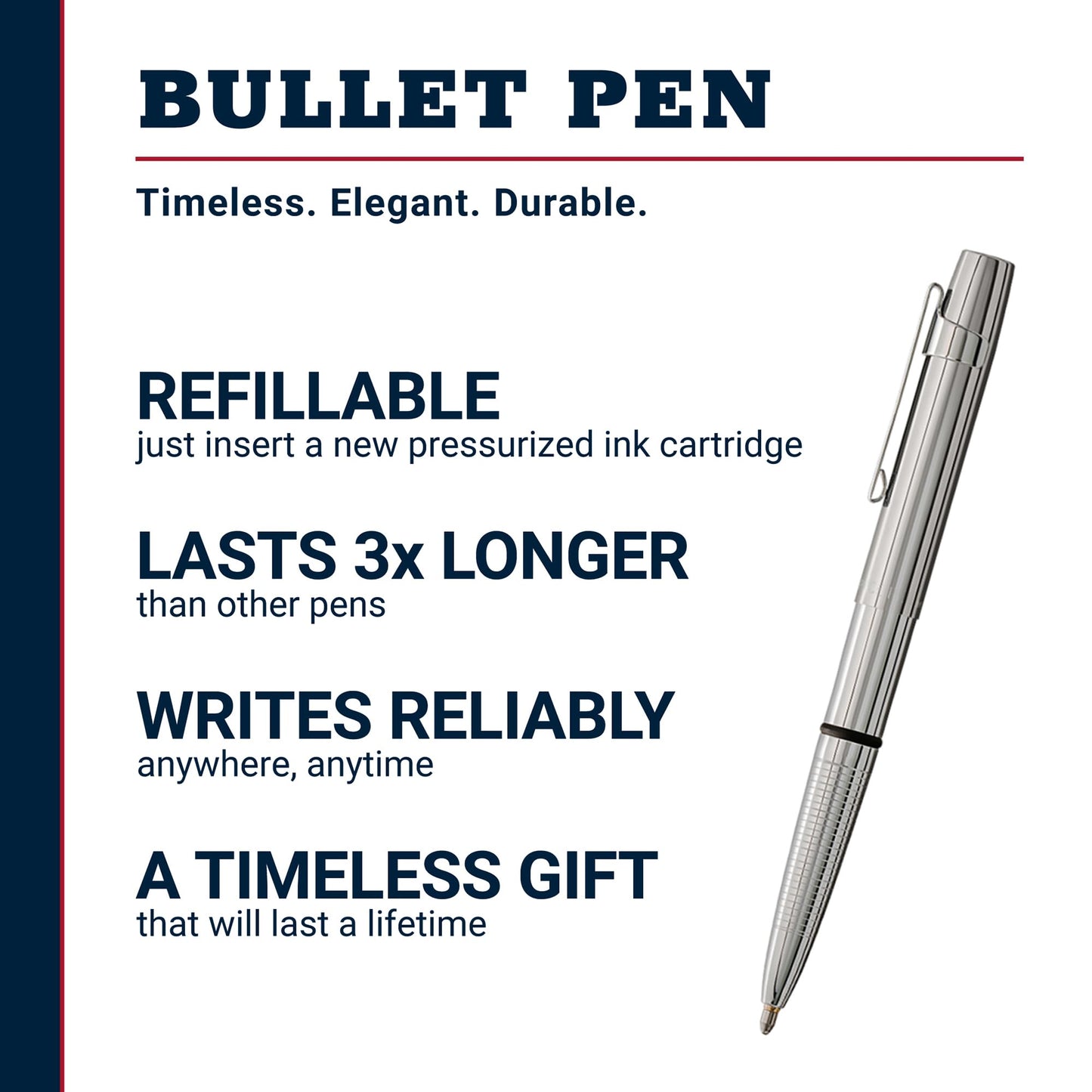 Fisher Space Pen Chrome X-Mark Flat Cap Bullet Pen, Pressurized Ballpoint Pen, Compact Size, Writes Upside Down, Extreme Temperatures, Black Ink, Medium Point, Pocket Clip, Gift Box, Made in the USA